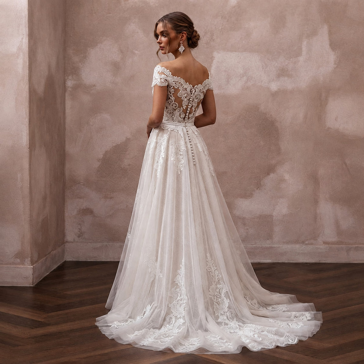 Romantic Lace A - Line Wedding Dress with V - Neck - Apparel & Accessories > Clothing > Wedding & Bridal Party Dresses > Wedding Dresses - Mignonette Bridal