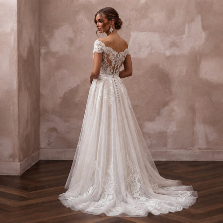 Romantic Lace A - Line Wedding Dress with V - Neck - Apparel & Accessories > Clothing > Wedding & Bridal Party Dresses > Wedding Dresses - Mignonette Bridal