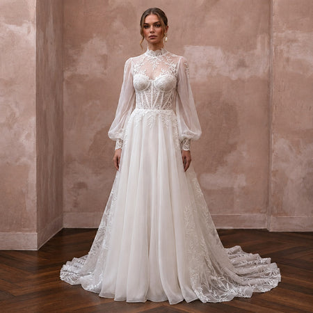 Romantic Lace Bridal Dress for a Destination Vineyard Wedding - Apparel & Accessories > Clothing > Wedding & Bridal Party Dresses > Wedding Dresses - Mignonette Bridal