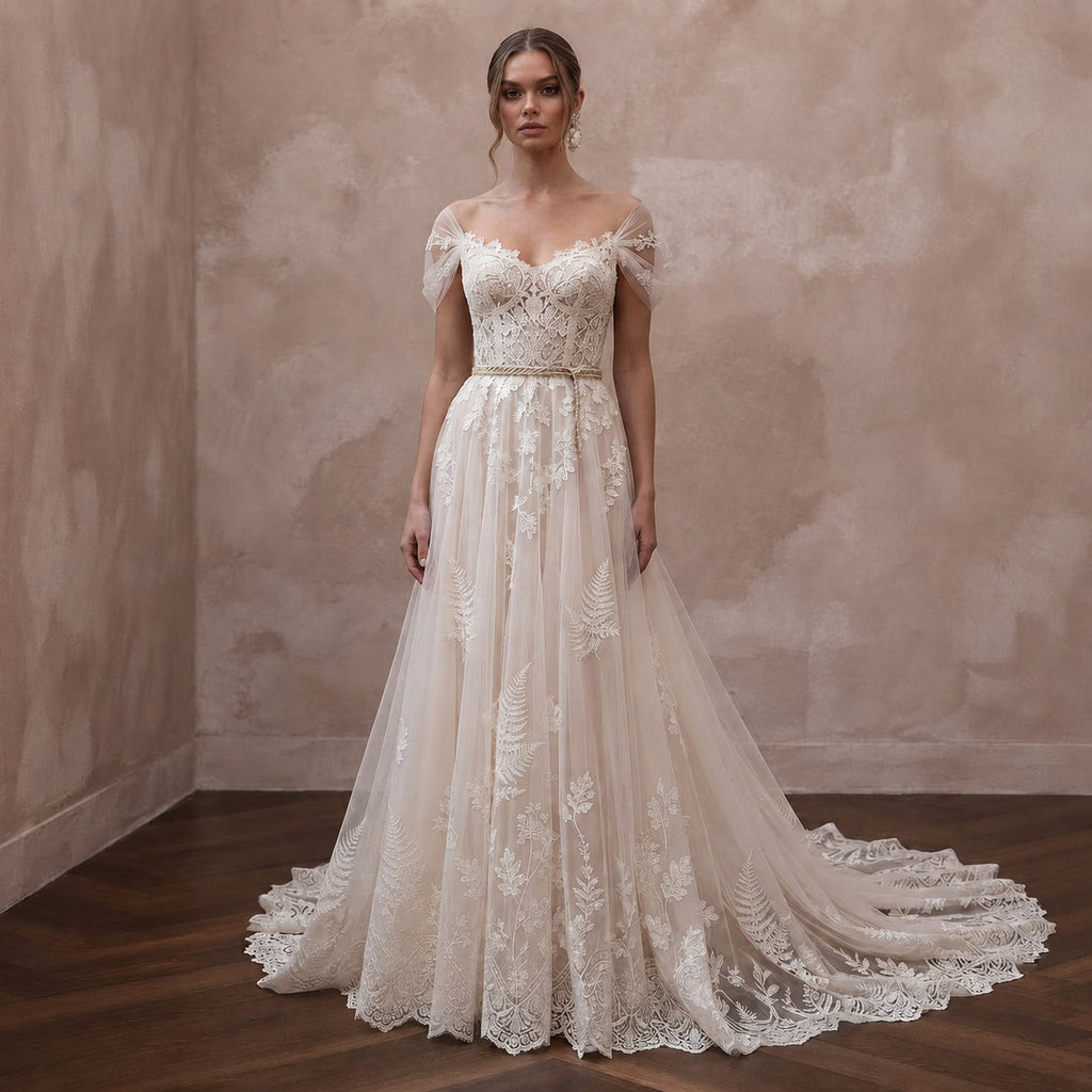 Romantic Lace Bridal Dress with Chapel Train for a Forest Wedding