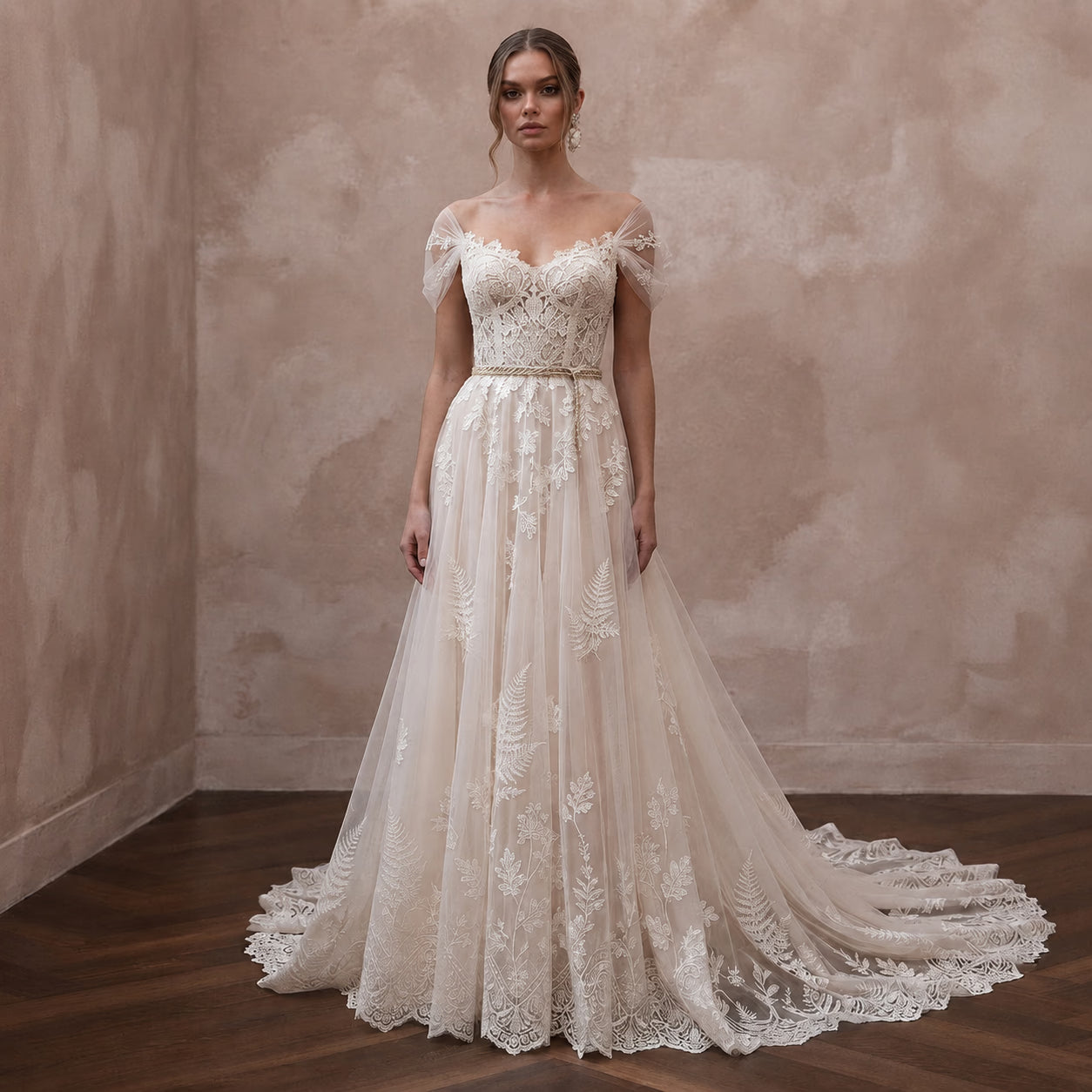 Romantic Lace Bridal Dress with Chapel Train for a Forest Wedding