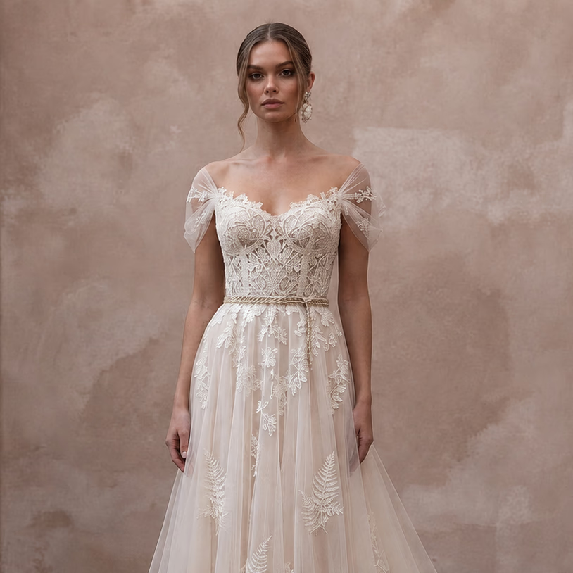 Romantic Lace Bridal Dress with Chapel Train for a Forest Wedding