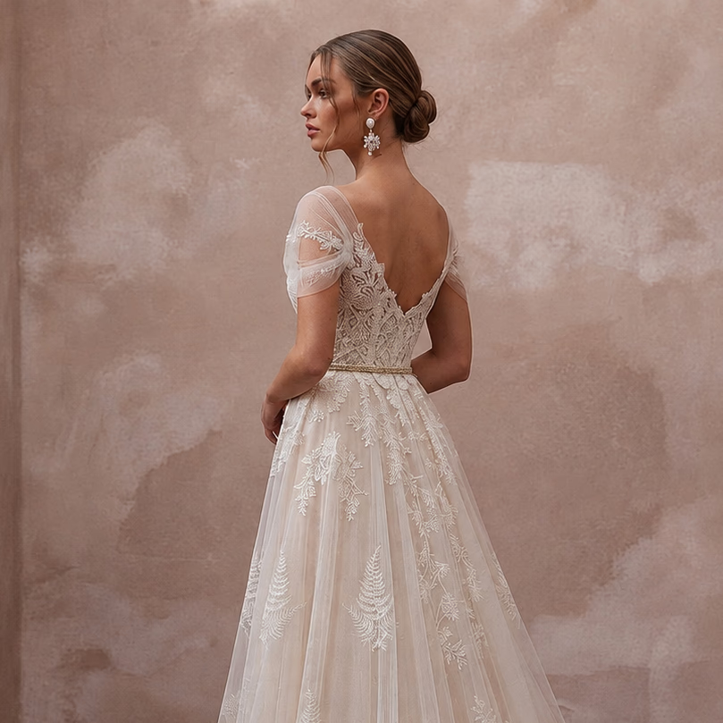 Romantic Lace Bridal Dress with Chapel Train for a Forest Wedding
