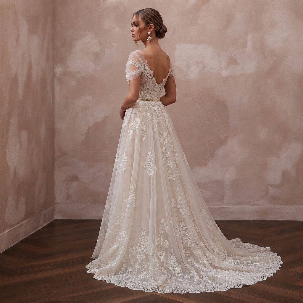 Romantic Lace Bridal Dress with Chapel Train for a Forest Wedding