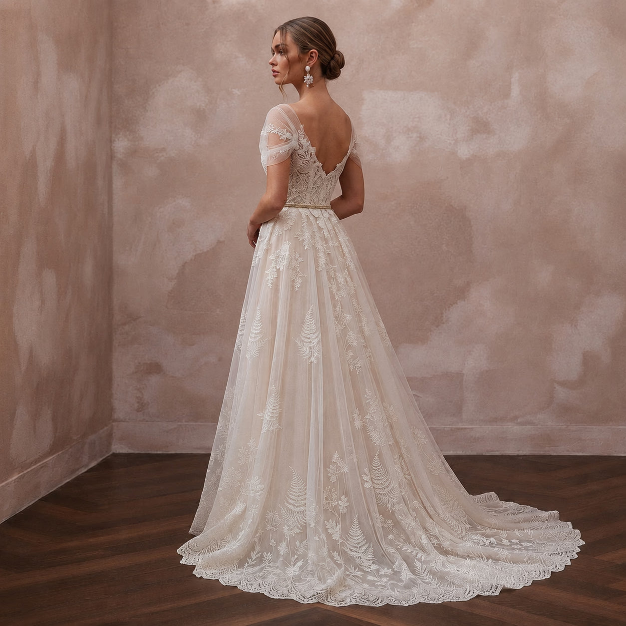 Romantic Lace Bridal Dress with Chapel Train for a Forest Wedding