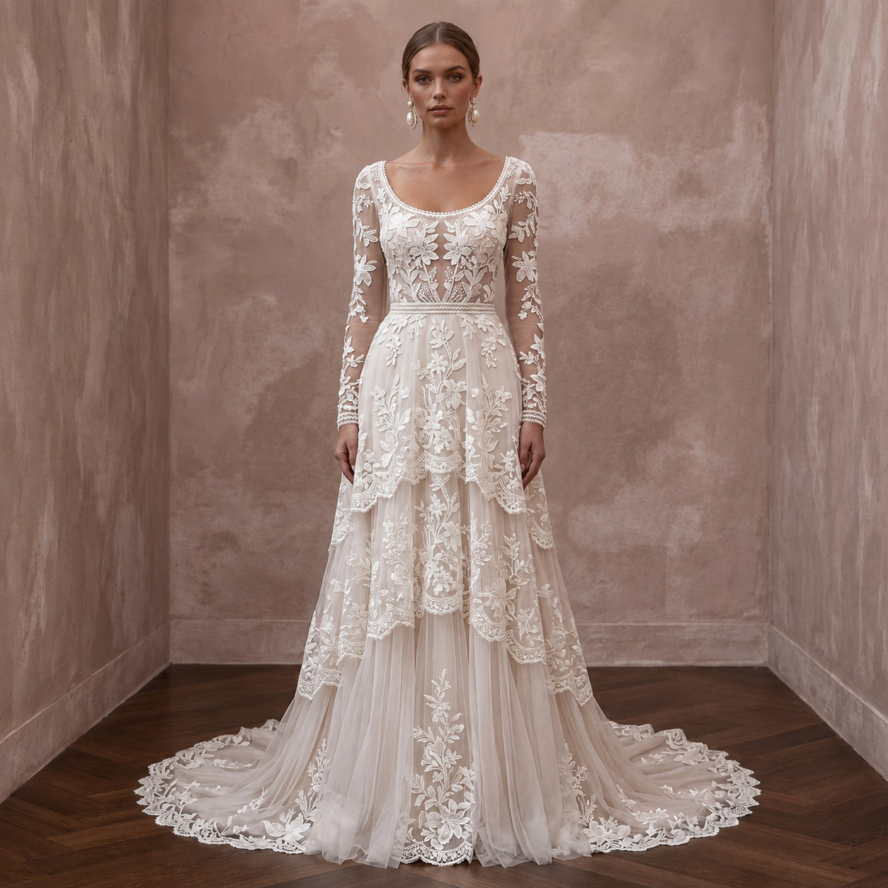 Romantic Lace Bridal Dress with Floral Motifs for an Outdoor Ceremony