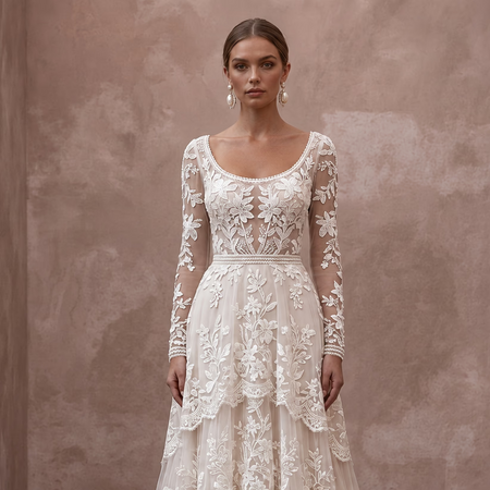 Romantic Lace Bridal Dress with Floral Motifs for an Outdoor Ceremony