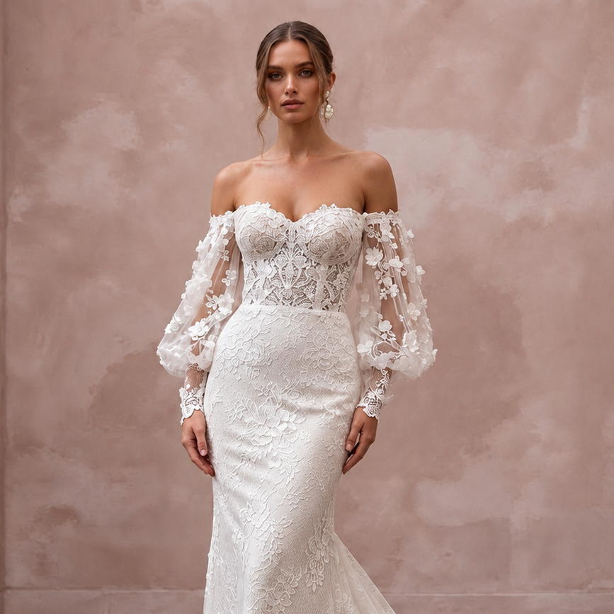Romantic Lace Bridal Dress with Floral Sleeves