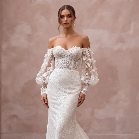 Romantic Lace Bridal Dress with Floral Sleeves