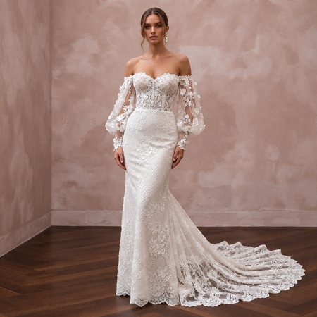 Romantic Lace Bridal Dress with Floral Sleeves