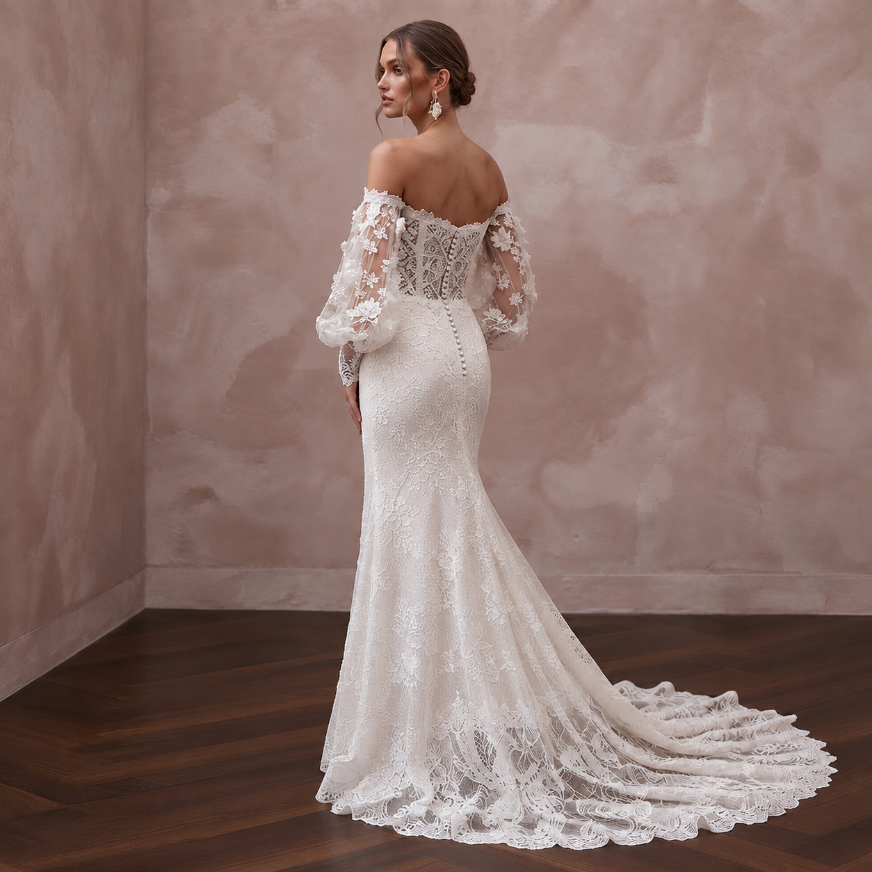 Romantic Lace Bridal Dress with Floral Sleeves