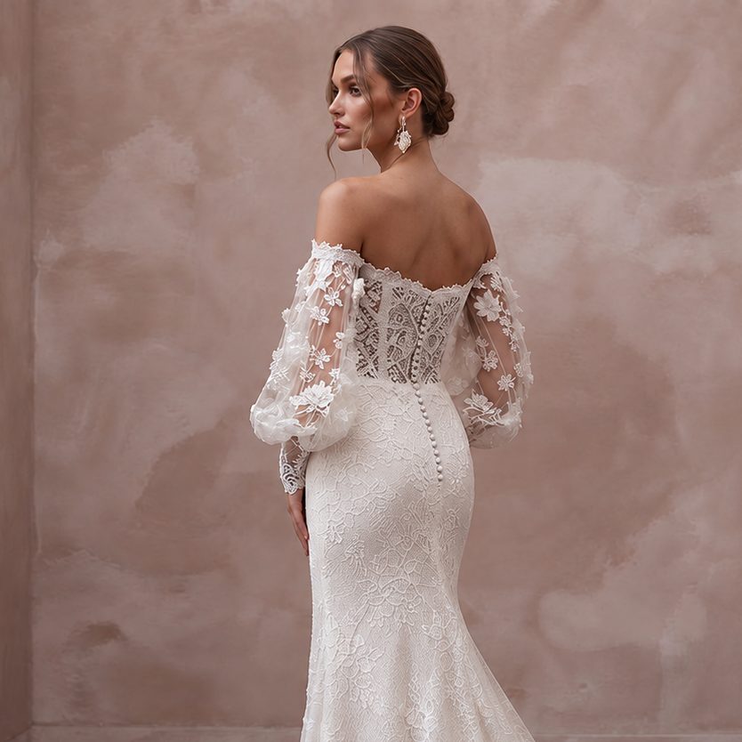Romantic Lace Bridal Dress with Floral Sleeves