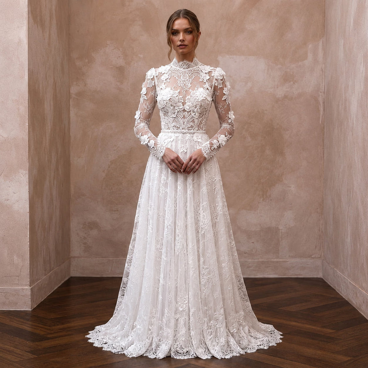 Romantic Lace Bridal Dress with Long Sleeves for a Church Wedding - Apparel & Accessories > Clothing > Wedding & Bridal Party Dresses > Wedding Dresses - Mignonette Bridal Main image