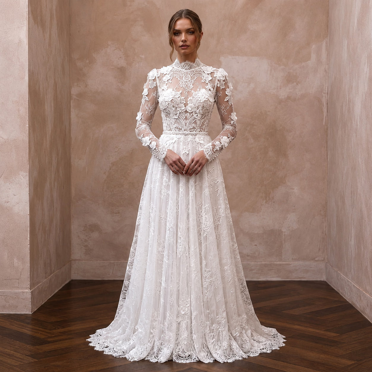 Romantic Lace Bridal Dress with Long Sleeves for a Church Wedding