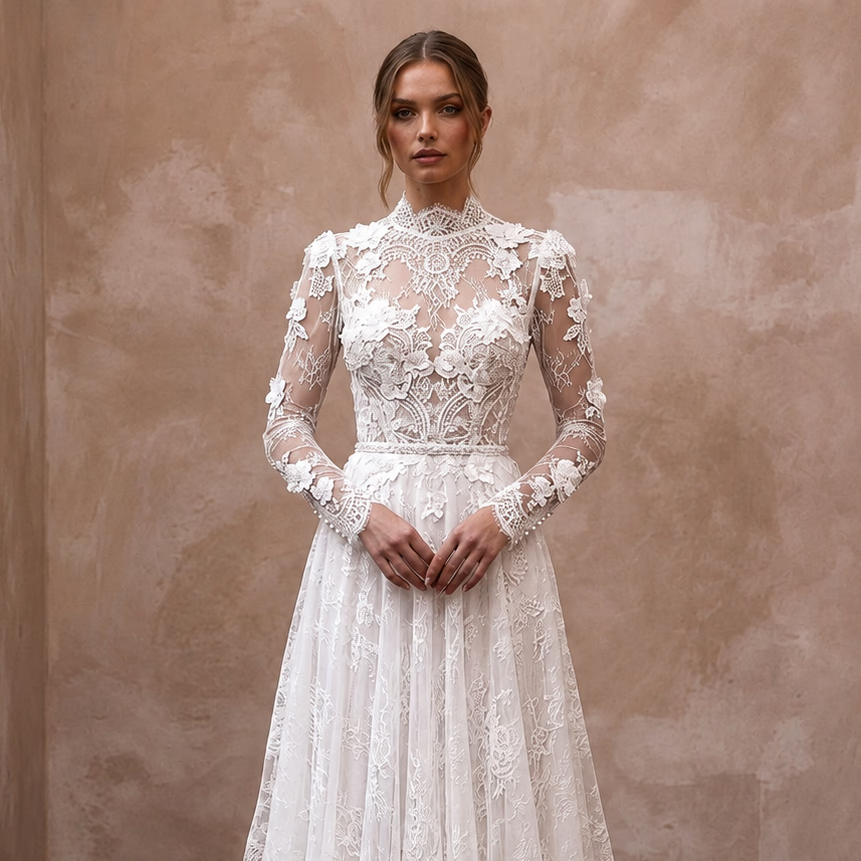 Romantic Lace Bridal Dress with Long Sleeves for a Church Wedding