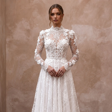 Romantic Lace Bridal Dress with Long Sleeves for a Church Wedding
