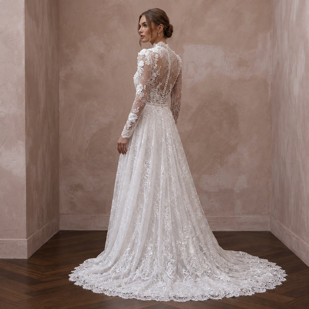 Romantic Lace Bridal Dress with Long Sleeves for a Church Wedding