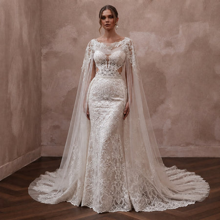Romantic Lace Bridal Gown with Cape and Detachable Train