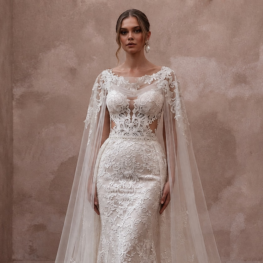 Romantic Lace Bridal Gown with Cape and Detachable Train