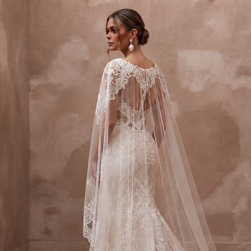 Romantic Lace Bridal Gown with Cape and Detachable Train
