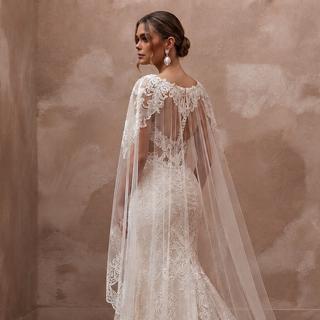 Romantic Lace Bridal Gown with Cape and Detachable Train