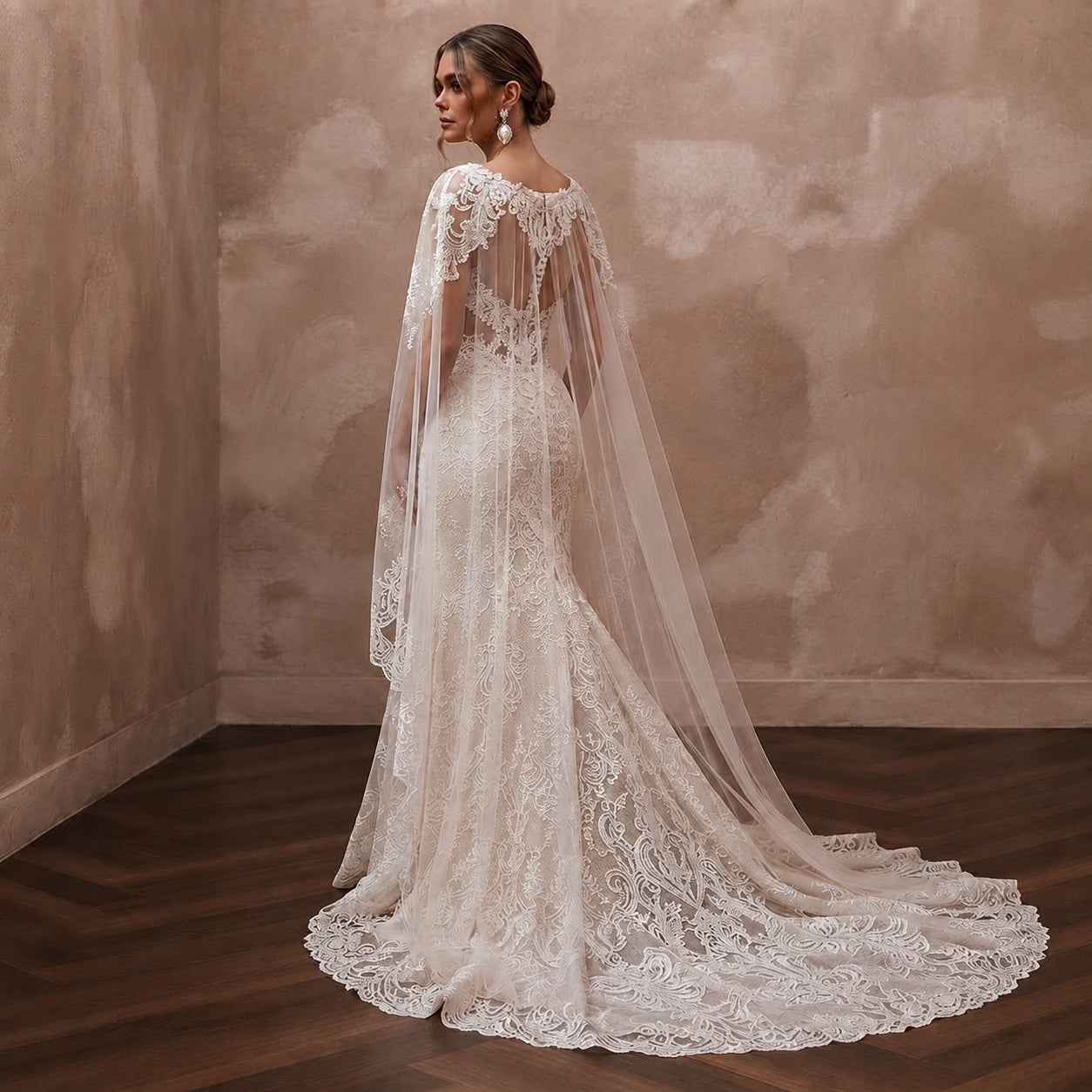 Romantic Lace Bridal Gown with Cape and Detachable Train