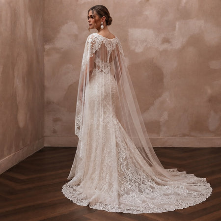 Romantic Lace Bridal Gown with Cape and Detachable Train