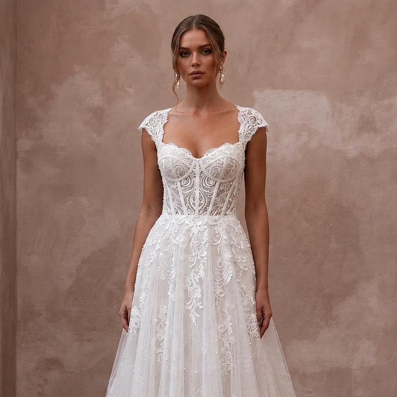 Romantic Lace Corset Wedding Dress with A-Line Silhouette