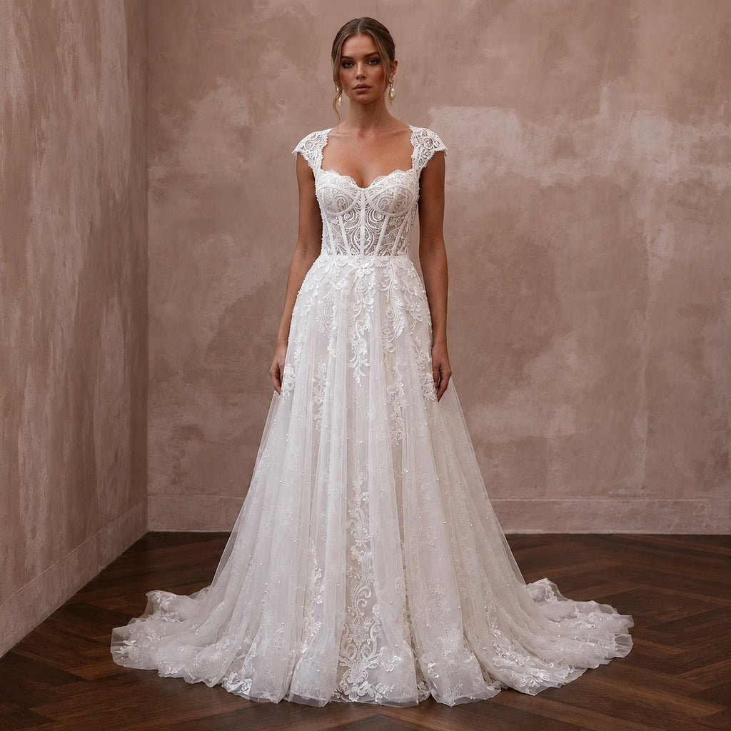 Romantic Lace Corset Wedding Dress with A-Line Silhouette