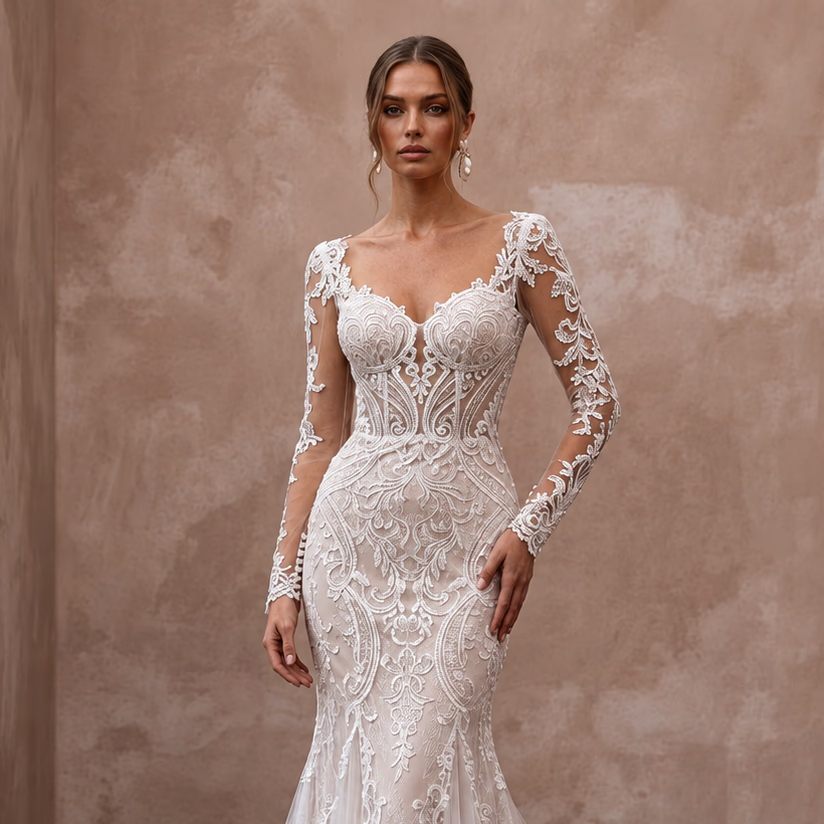 Romantic Lace Mermaid Wedding Dress with Long Sleeves - Apparel & Accessories > Clothing > Wedding & Bridal Party Dresses > Wedding Dresses - Mignonette Bridal