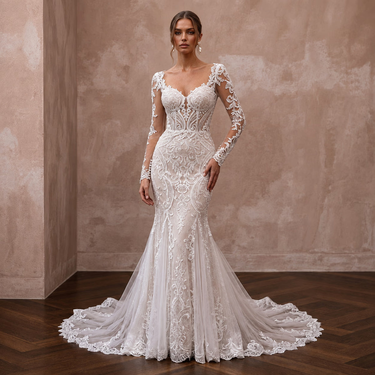 Romantic Lace Mermaid Wedding Dress with Long Sleeves - Apparel & Accessories > Clothing > Wedding & Bridal Party Dresses > Wedding Dresses - Mignonette Bridal Main image