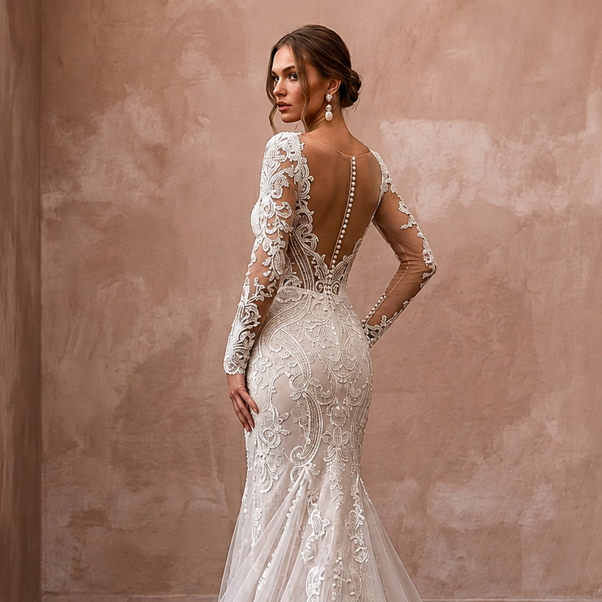 Romantic Lace Mermaid Wedding Dress with Long Sleeves - Apparel & Accessories > Clothing > Wedding & Bridal Party Dresses > Wedding Dresses - Mignonette Bridal