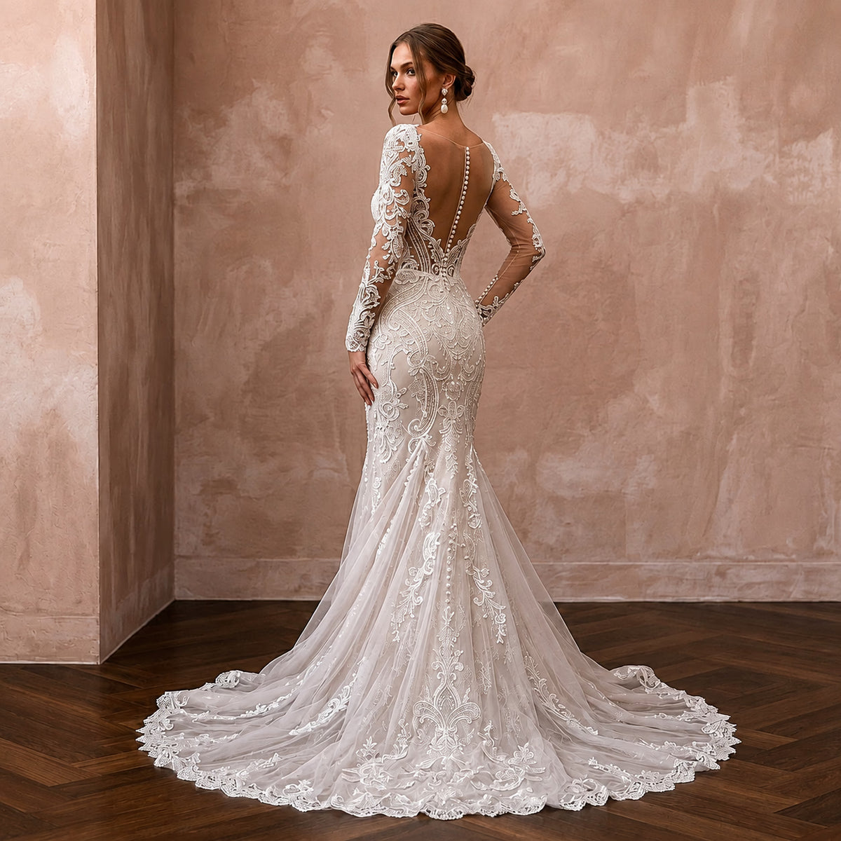 Romantic Lace Mermaid Wedding Dress with Long Sleeves - Apparel & Accessories > Clothing > Wedding & Bridal Party Dresses > Wedding Dresses - Mignonette Bridal