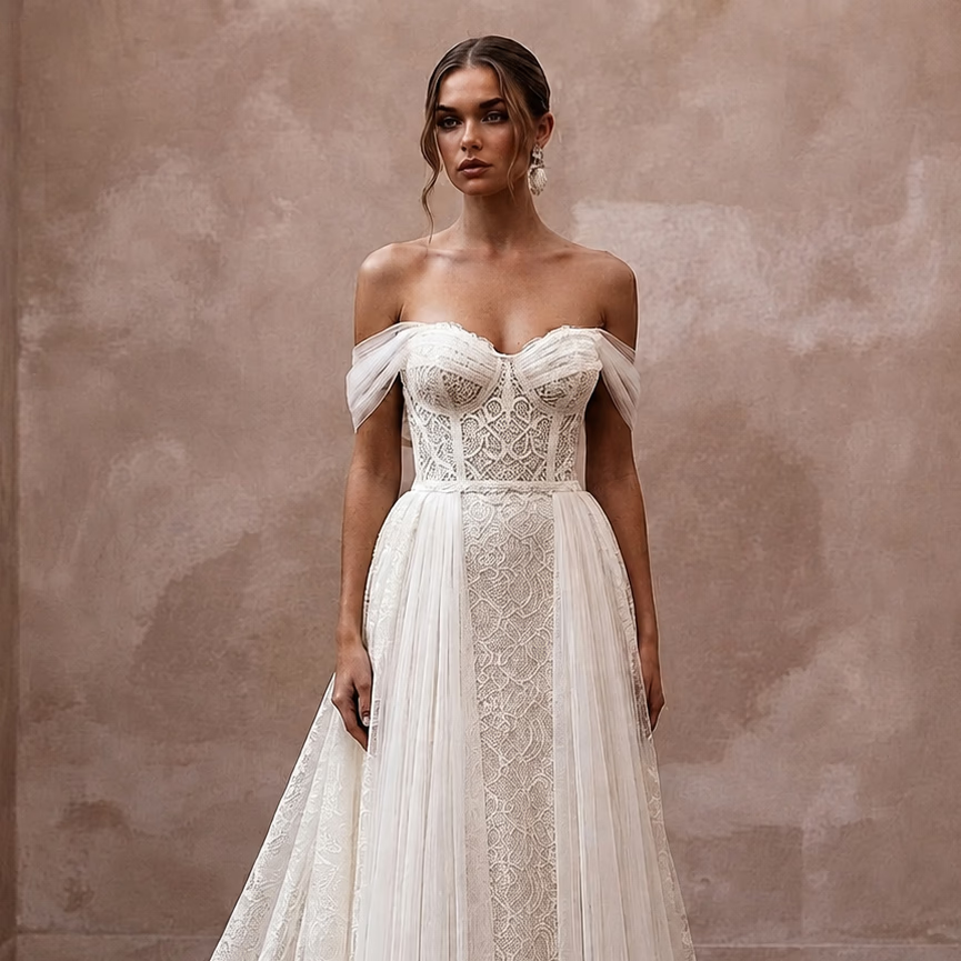 Ivory off-the-shoulder lace corset bridal gown with flowing tulle skirt