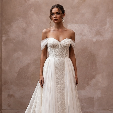 Ivory off-the-shoulder lace corset bridal gown with flowing tulle skirt