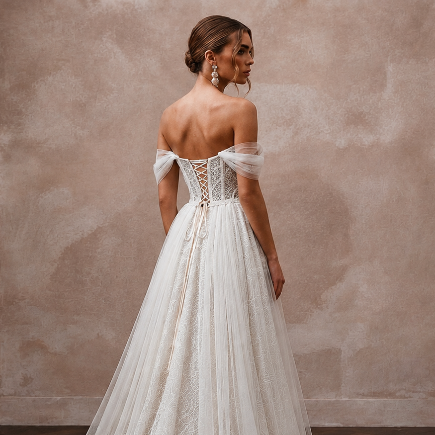 Back view ivory off-the-shoulder lace bodice bridal gown with lattice corset detailing
