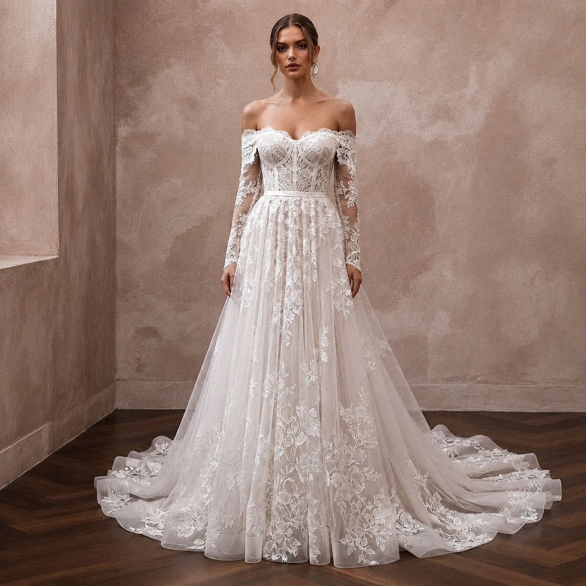 White lace off-shoulder A-line wedding dress with embroidered bodice and long sleeves Main image