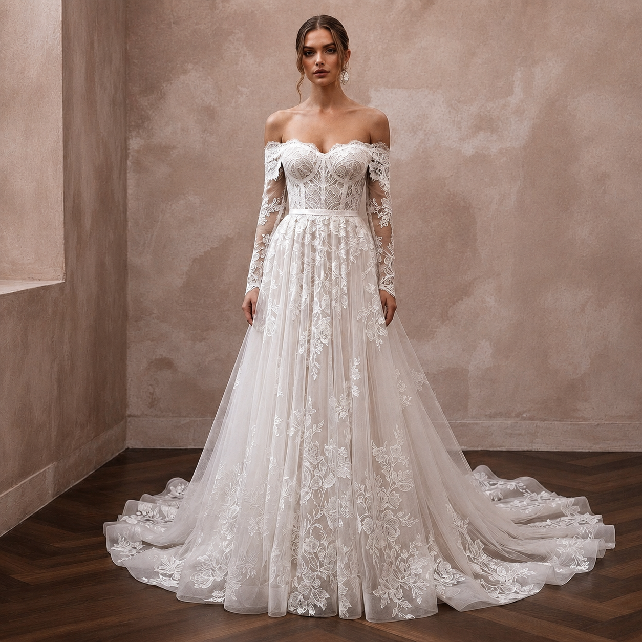 White lace off-shoulder A-line wedding dress with embroidered bodice and long sleeves