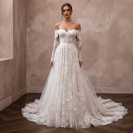 White lace off-shoulder A-line wedding dress with embroidered bodice and long sleeves