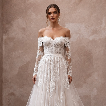 White off-shoulder lace wedding dress with sheer sleeves, fitted waist, and A-line skirt