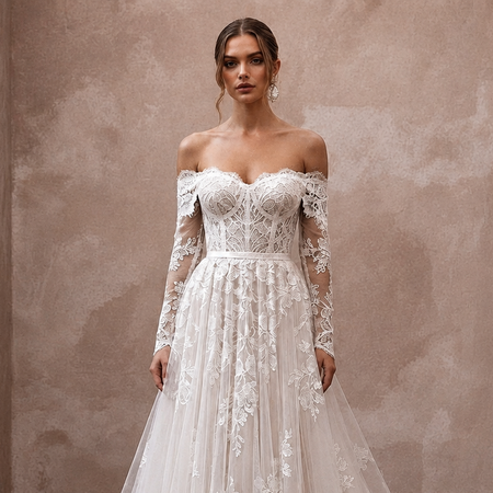 White off-shoulder lace wedding dress with sheer sleeves, fitted waist, and A-line skirt