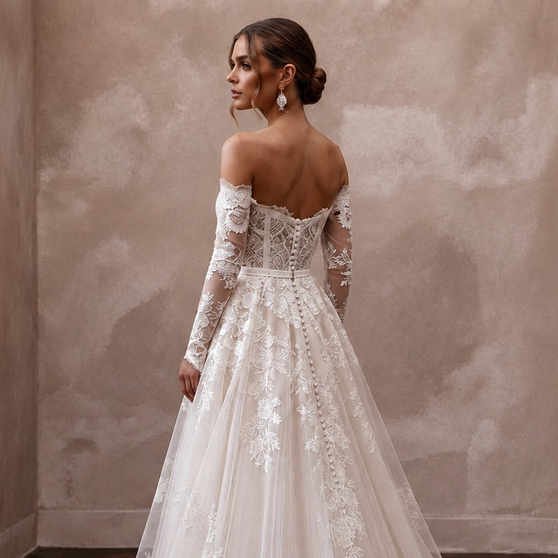 White lace A-line wedding dress with off-shoulder neckline, sheer sleeves, and lace back