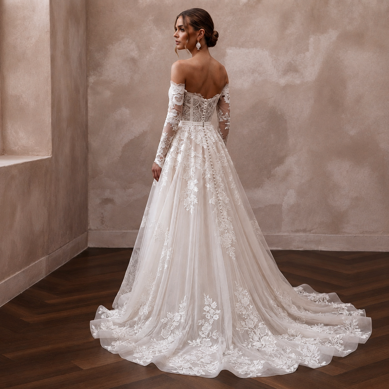 Off-the-shoulder lace A-line wedding dress with long sleeves and train