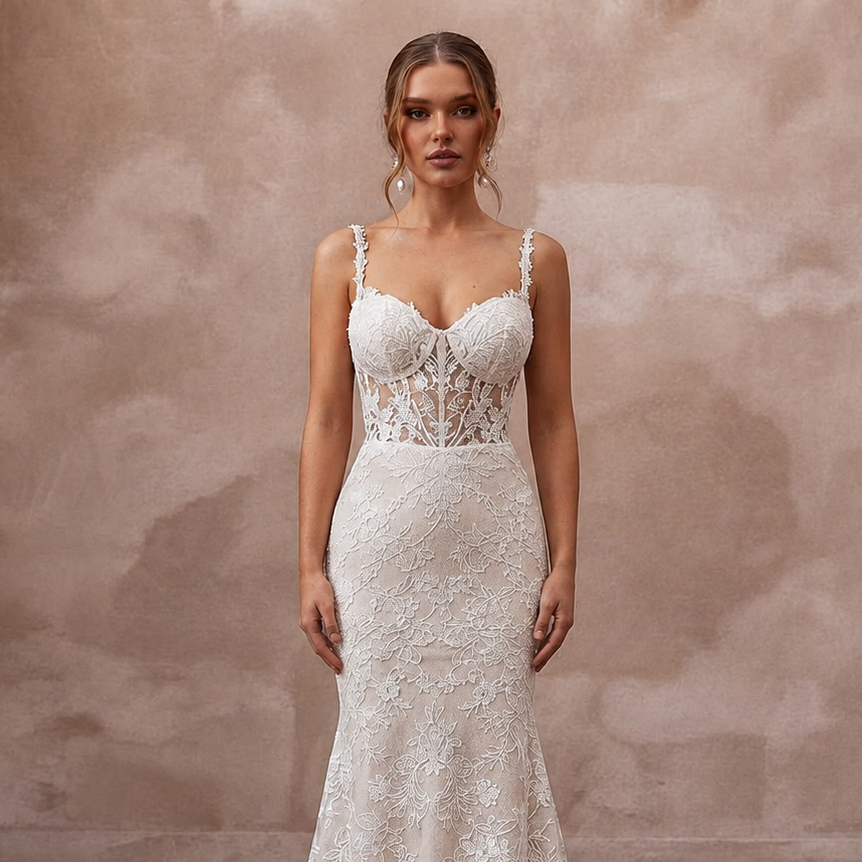 Romantic Lace Open Back Wedding Dress with Mermaid Silhouette