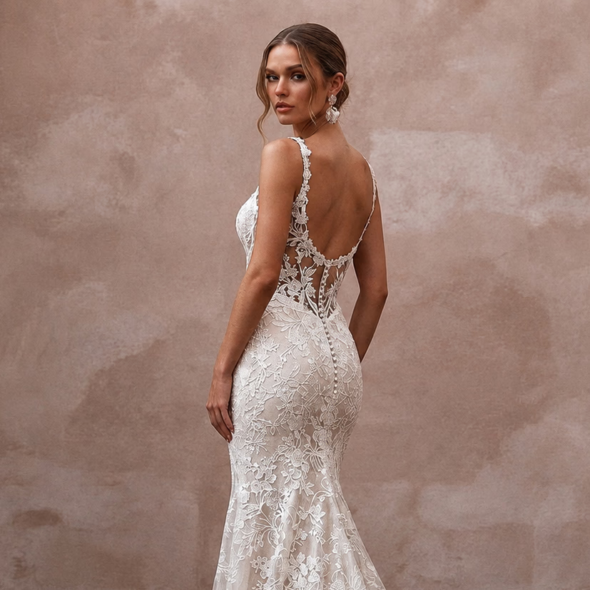 Romantic Lace Open Back Wedding Dress with Mermaid Silhouette