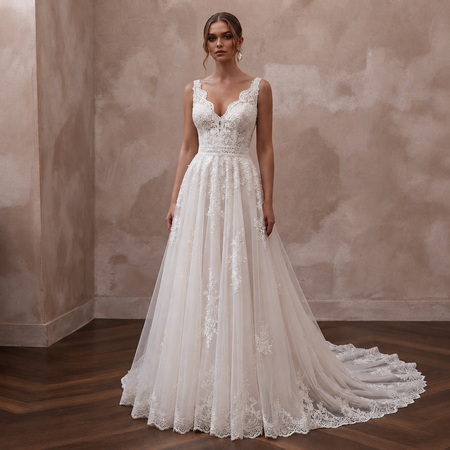 A woman modeling a sleeveless A-line wedding gown with a deep V-neckline, lace bodice, and a long sheer tulle train with floral lace applique, standing in a room with a textured beige wall and dark wood floor.