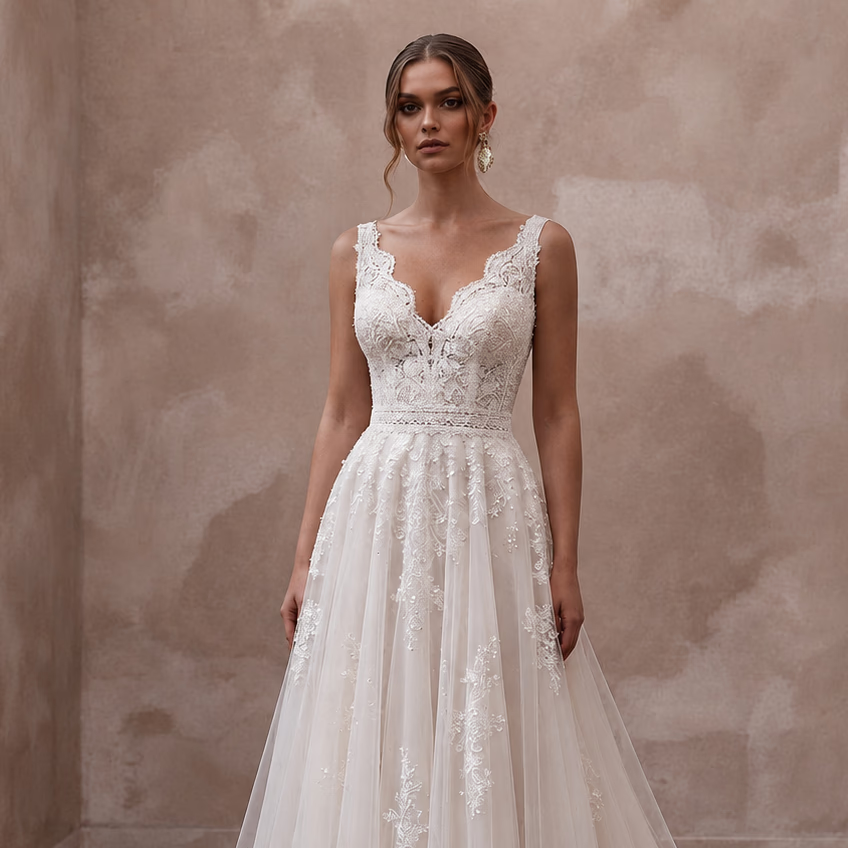 A woman stands indoors wearing an elegant white lace wedding gown with a deep V-neckline, fitted bodice, and full tulle skirt with a long train. The background is a textured warm beige wall with dark wood flooring.