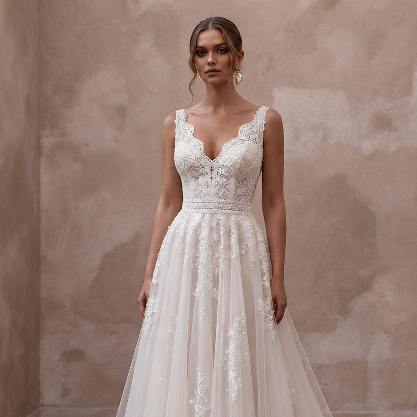 A woman stands indoors wearing an elegant white lace wedding gown with a deep V-neckline, fitted bodice, and full tulle skirt with a long train. The background is a textured warm beige wall with dark wood flooring.