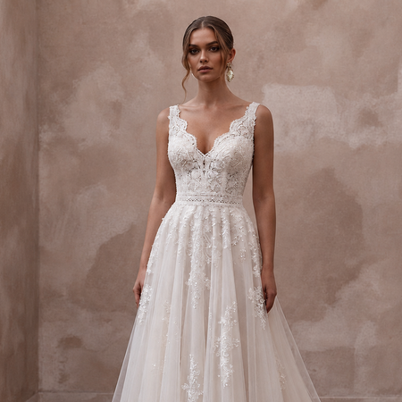 A woman stands indoors wearing an elegant white lace wedding gown with a deep V-neckline, fitted bodice, and full tulle skirt with a long train. The background is a textured warm beige wall with dark wood flooring.
