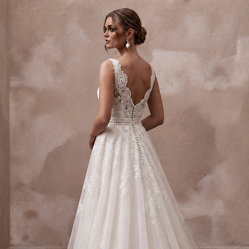 A woman wearing a white lace wedding gown stands with her back to the camera in an indoor setting with a textured beige wall and dark wood floor.